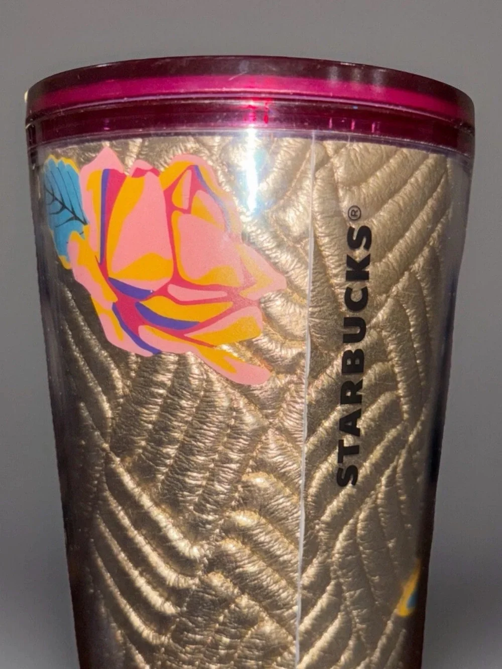Starbucks Rose Print Gold Floral Travel Tumbler with Pink Accent 2020 limited